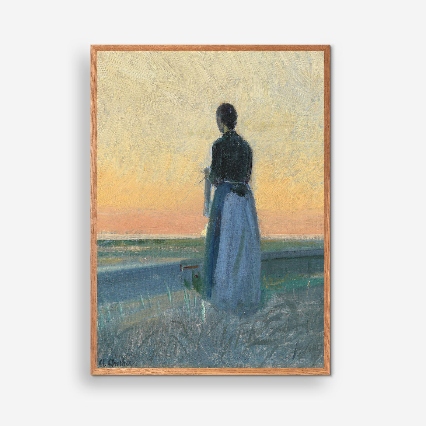 Ung kvinde med strikketøj stående i solnedgangen- Anna Ancher