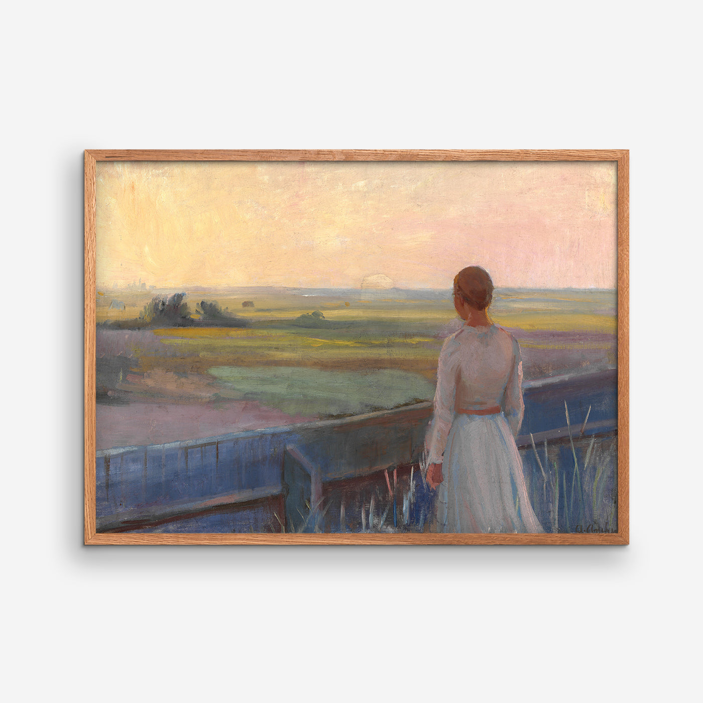 Hen under aften. En ung pige ved et hegn ser ud over markerne - Anna Ancher