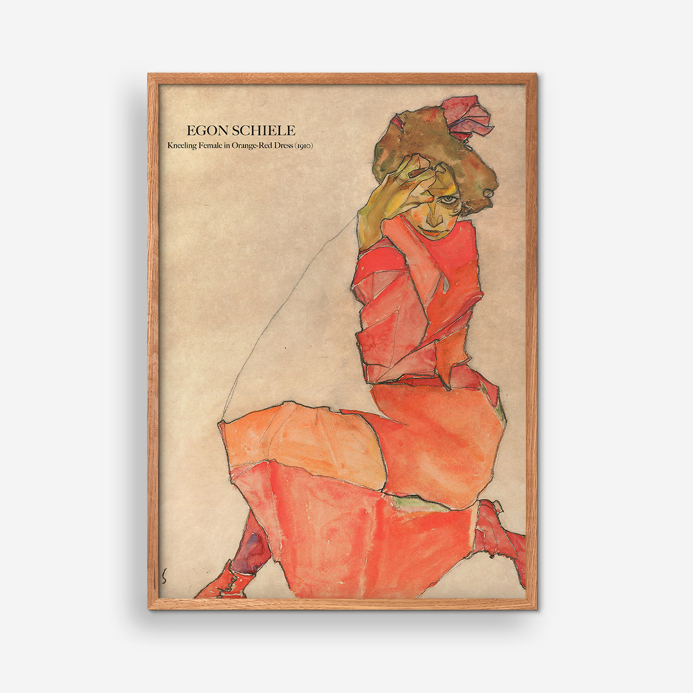 Kneeling Female in Orange-Red Dress - Egon Schiele